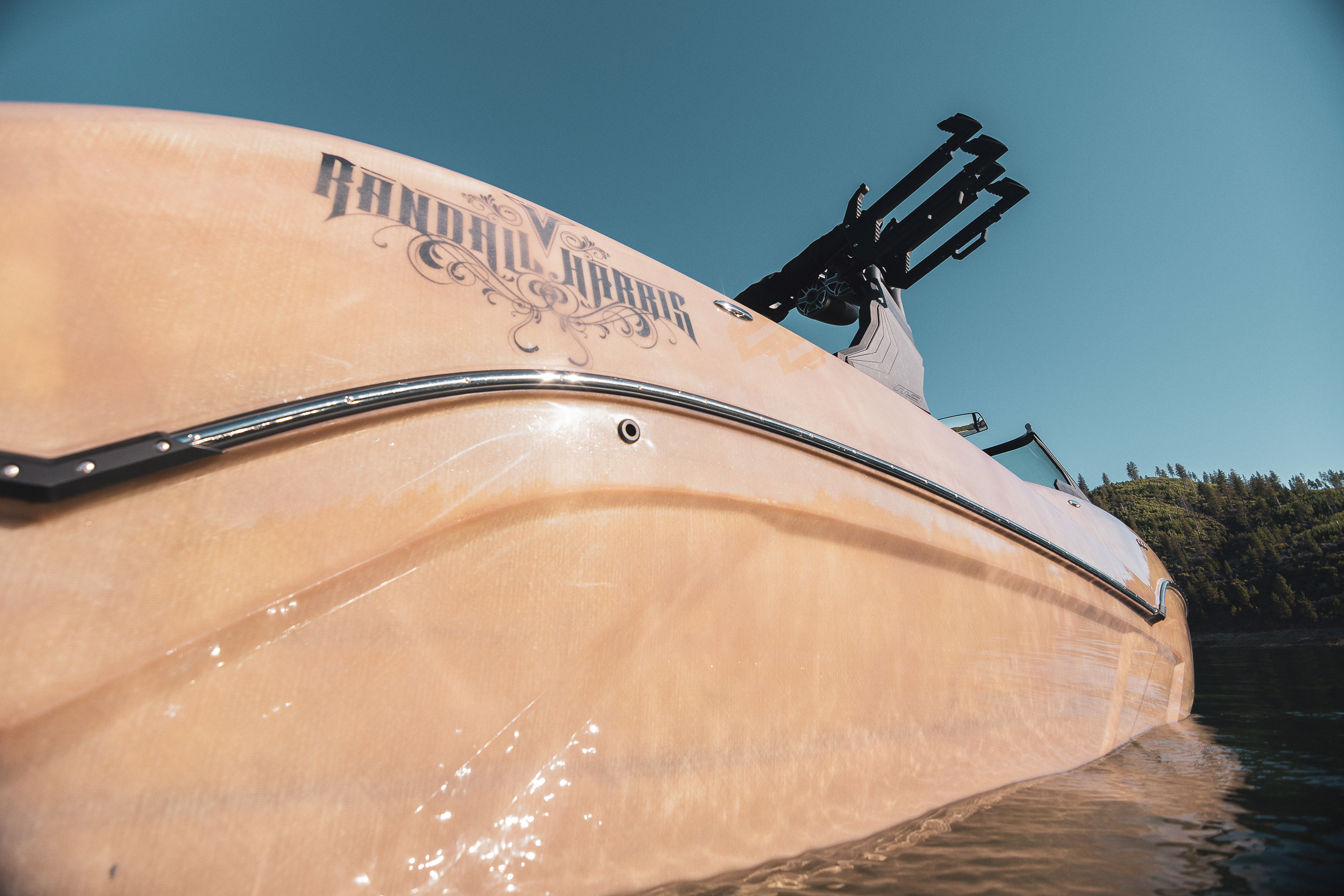 Detail view of the custom Randall Harris memorial wake boat